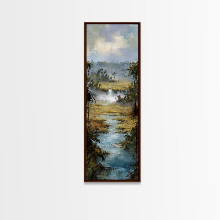 Tropical Jungle Waterfall Framed Canvas Print, Landscape Art, Minimalist Decor, Living Room Decor, Oil Painting, Horizon, LAN-1x3-4