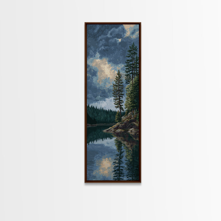 Quiet Lake Reflecting Pine Forest Canvas Print, Landscape Art, Framed Wall Art, Living Room Decor, Oil Painting, Horizon, LAN-1x3-40