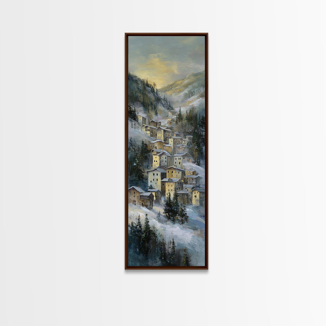 Snow Covered Alpine Village at Dusk Canvas Print, Landscape Art, Abstract Wall Art, Living Room Decor, Fine Art, Horizon, LAN-1x3-43
