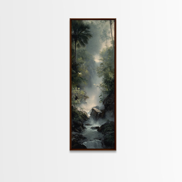 Tropical Jungle Waterfall Framed Canvas Print, Landscape Art, Digital Wall Art, Living Room Decor, Fine Art, Horizon, LAN-1x3-52