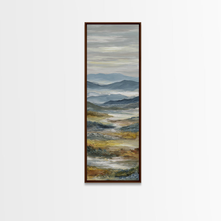 Misty Mountain Valley at Sunrise Framed Canvas Print, Landscape Art, Digital Prints, Living Room Decor, Fine Art, Horizon, LAN-1x3-61