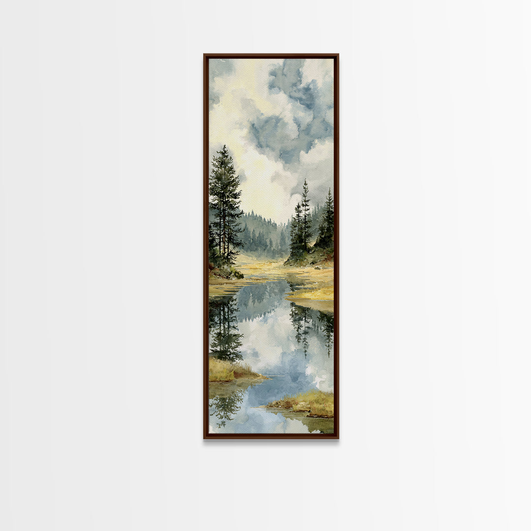 Quiet Lake Reflecting Pine Forest Framed Canvas Print, Landscape Art, Abstract Wall Art, Living Room Decor, Fine Art, Horizon, LAN-1x3-64