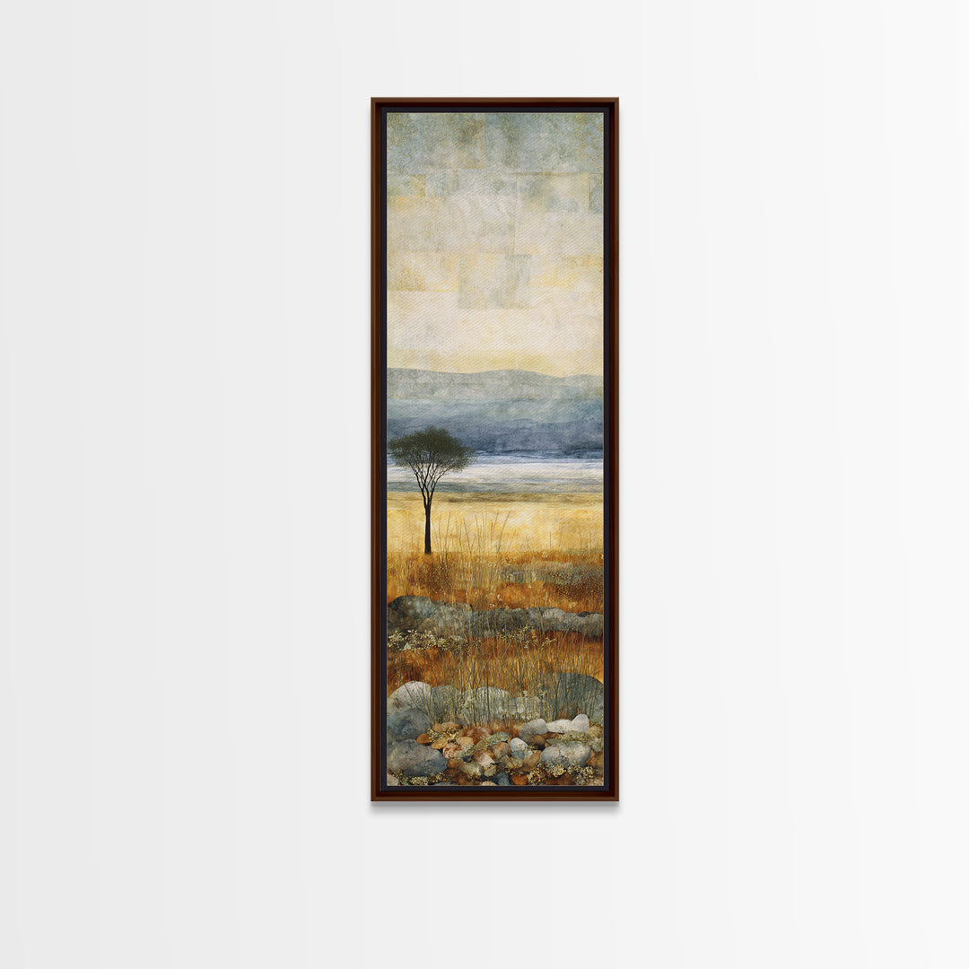Wide Savanna with Acacia Silhouette Framed Canvas Print, Landscape Art, Living Room Wall Art, Living Room Decor, Oil Painting, LAN-1x3-79