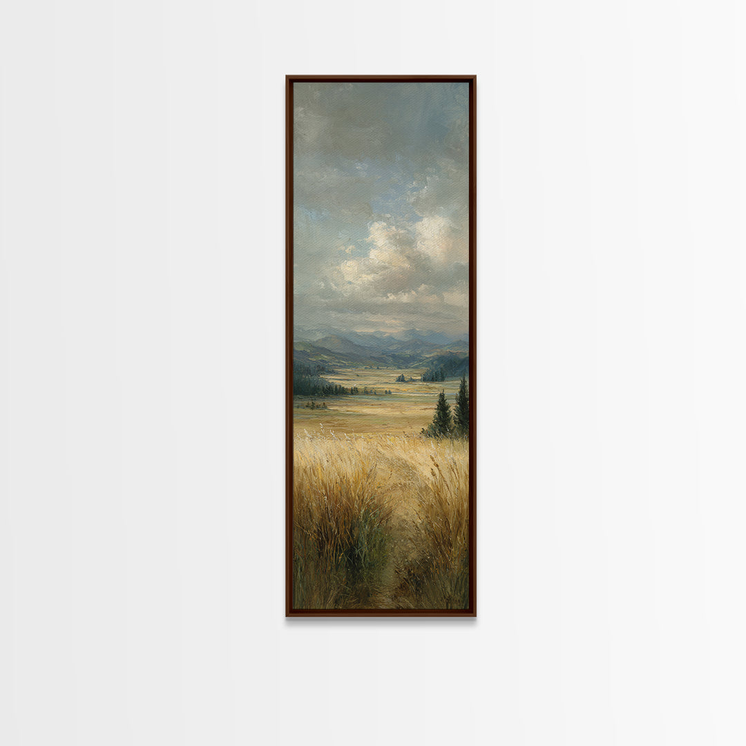 Golden Wheat Field Beneath Huge Clouds Framed Canvas Print, Landscape Art, Living Room Decor, Oil Painting, Horizon, Modern Art, LAN-1x3-84