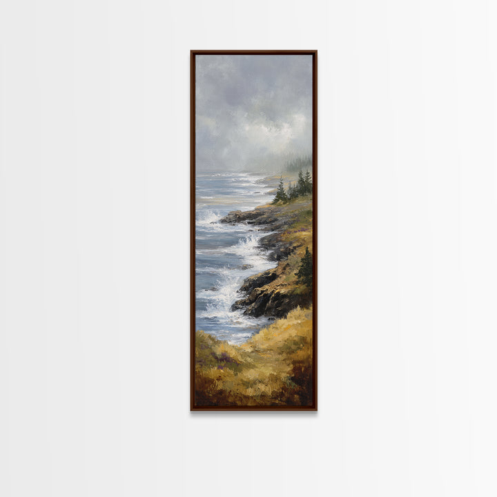 Coastal Cliffs with Crashing Waves Framed Canvas Print, Landscape Art, Modern Wall Art, Living Room Decor, Watercolor Art, LAN-1x3-92
