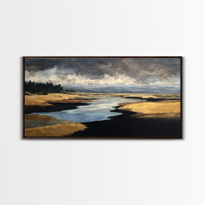 Volcanic Black Beach Framed Canvas Print, Landscape Art, Contemporary Art, Living Room Decor, Fine Art, Horizon, Original Art, LAN-2x1-10