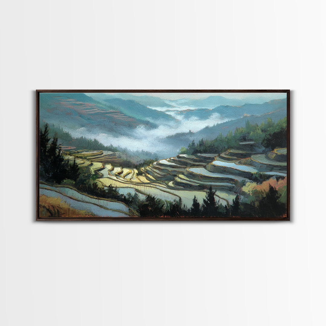 Rice Terraces Glowing Framed Canvas Print, Landscape Art, Luxury Decor, Living Room Decor, Fine Art, Horizon, Digital Art, LAN-2x1-14