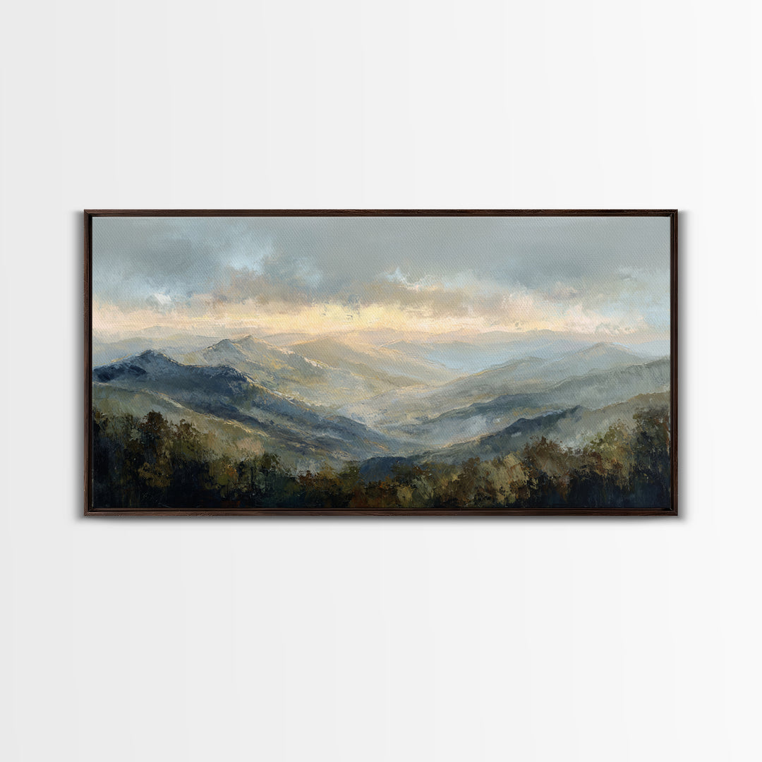 Misty Mountain Valley at Sunrise Canvas Print, Landscape Art, Digital Art, Living Room Decor, Fine Art, Horizon, Boho Wall Art, LAN-2x1-21