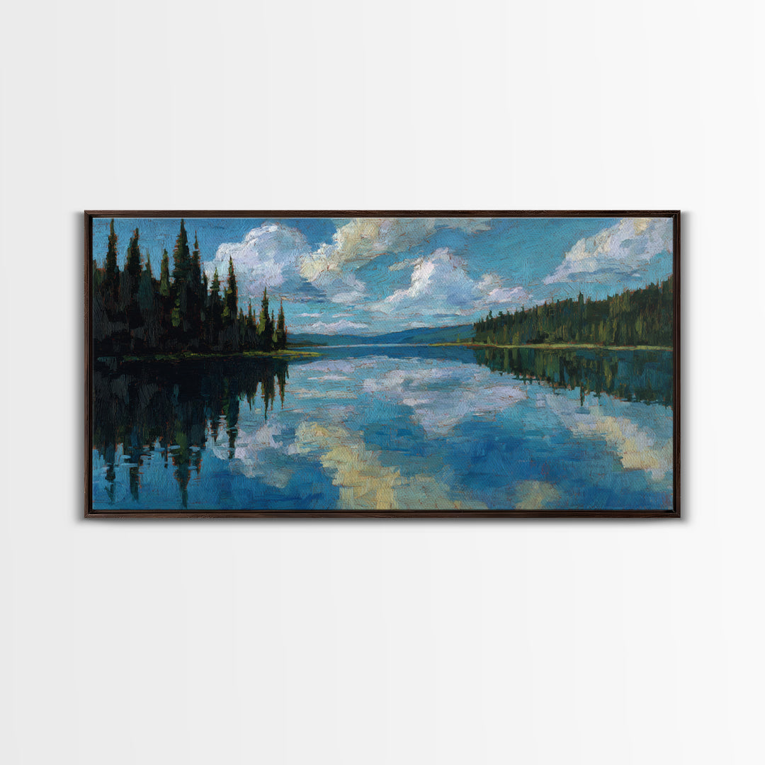 Quiet Lake Reflecting Pine Forest Framed Canvas Print, Landscape Art, Minimalist Decor, Living Room Decor, Oil Painting, LAN-2x1-24