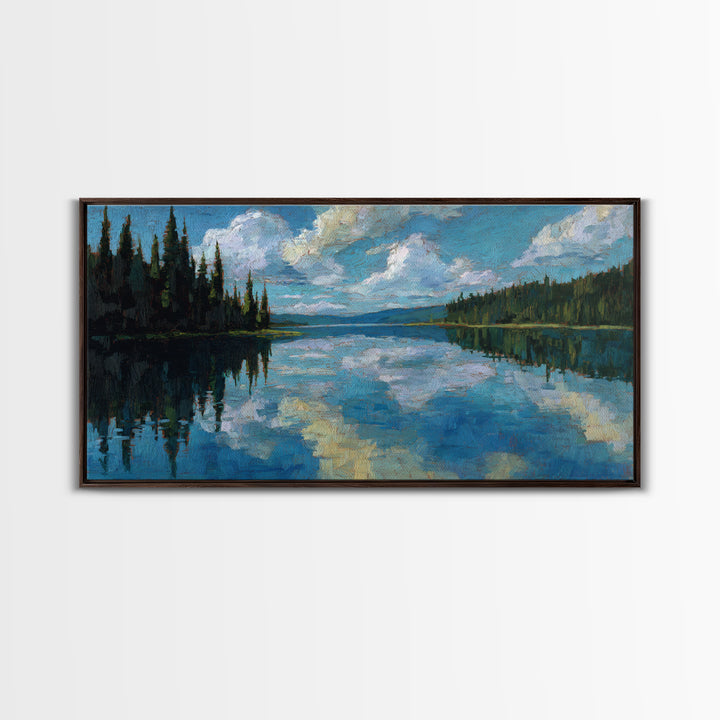 Quiet Lake Reflecting Pine Forest Framed Canvas Print, Landscape Art, Minimalist Decor, Living Room Decor, Oil Painting, LAN-2x1-24