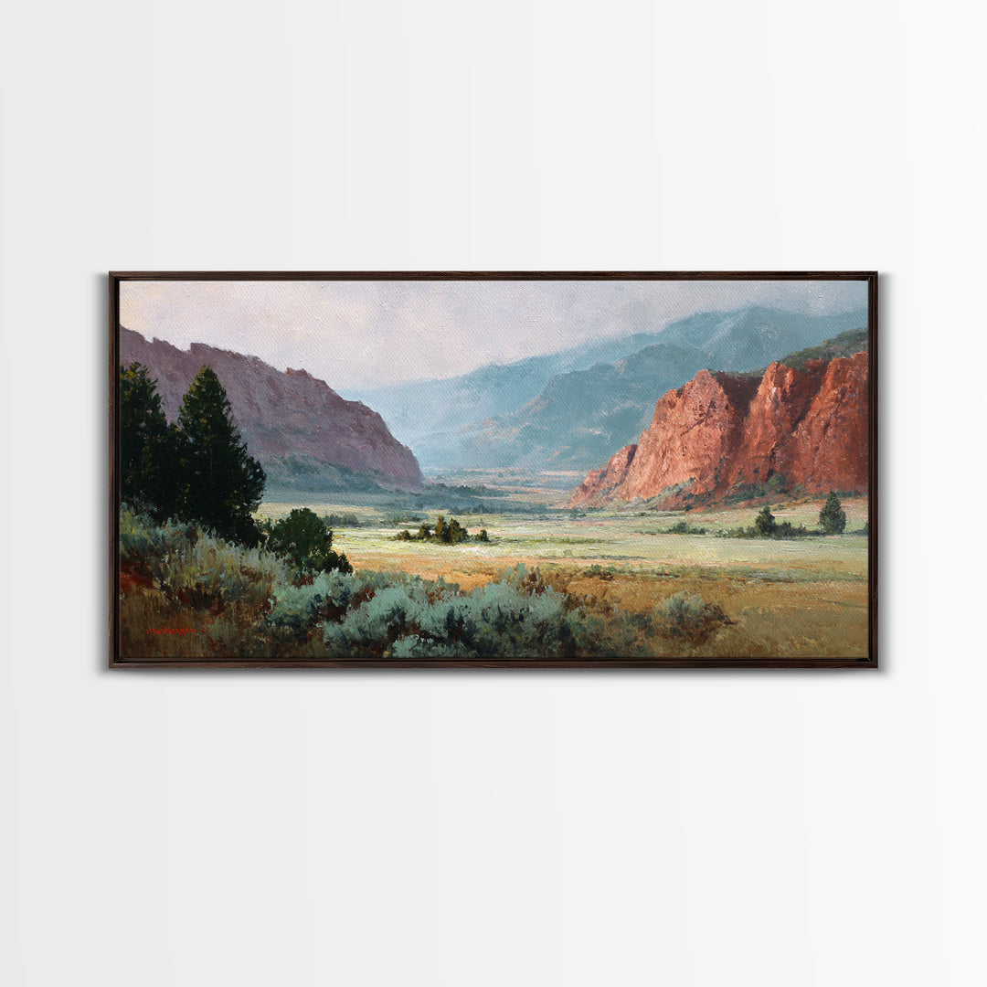 Red Canyon Walls Framed Canvas Print, Landscape Art, Living Room Decor, Oil Painting, Horizon, Horizontal Wall Art, LAN-2x1-25