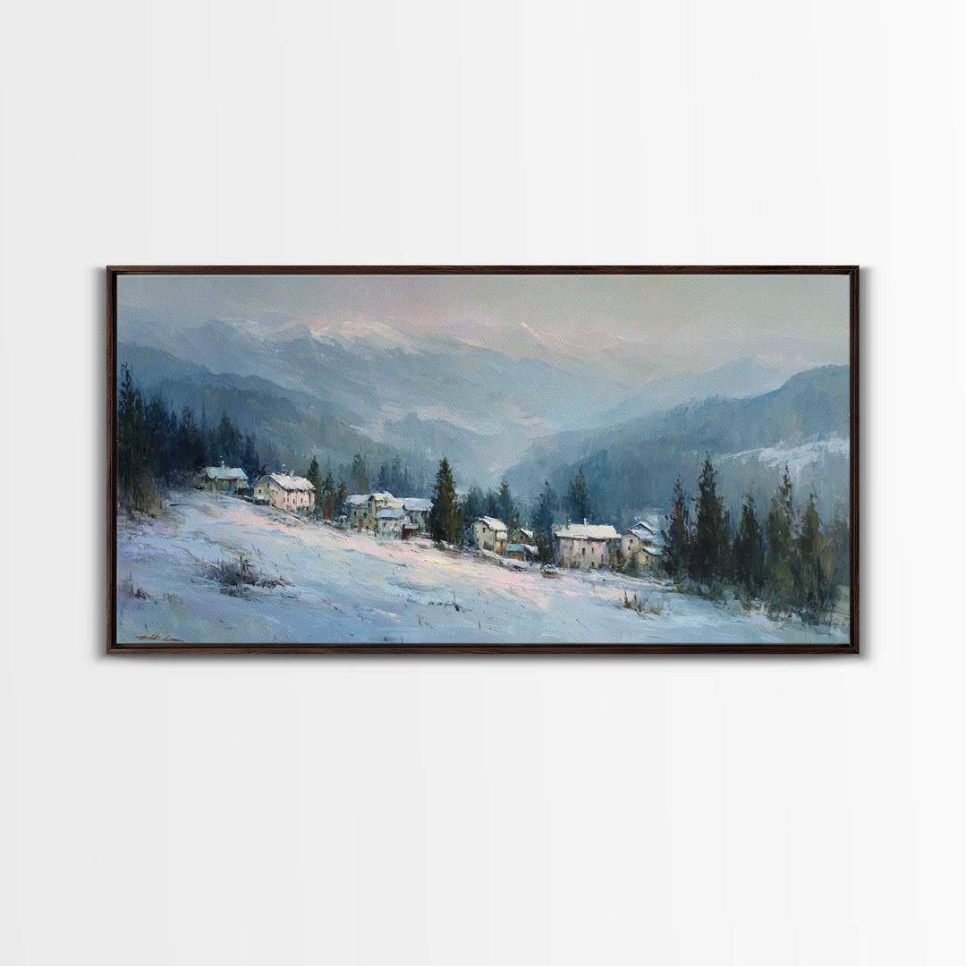 Snow Covered Alpine Village at Dusk Framed Canvas Print, Landscape Art, Framed Wall Art, Living Room Decor, Oil Painting, LAN-2x1-3
