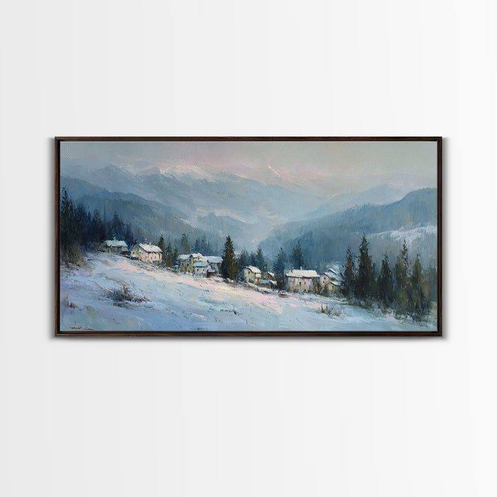 Snow Covered Alpine Village at Dusk Framed Canvas Print, Landscape Art, Framed Wall Art, Living Room Decor, Oil Painting, LAN-2x1-3