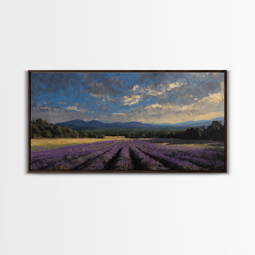 Lavender Field Leading to Distant Hills Framed Canvas Print, Landscape Art, Minimalist Decor, Living Room Decor, Oil Painting, LAN-2x1-30