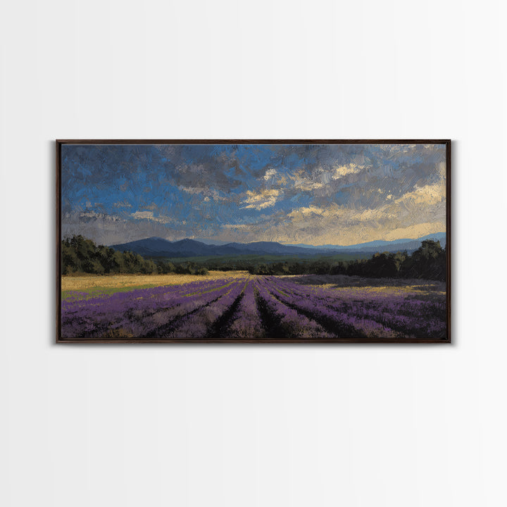Lavender Field Leading to Distant Hills Framed Canvas Print, Landscape Art, Minimalist Decor, Living Room Decor, Oil Painting, LAN-2x1-30