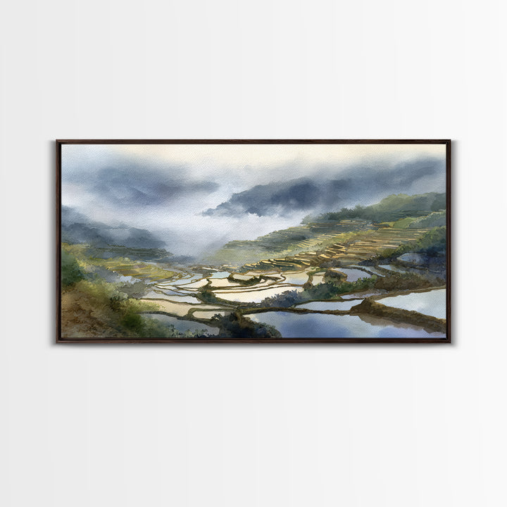 Rice Terraces Glowing Framed Canvas Print, Landscape Art, Luxury Decor, Living Room Decor, Fine Art, Horizon, Digital Art, LAN-2x1-38