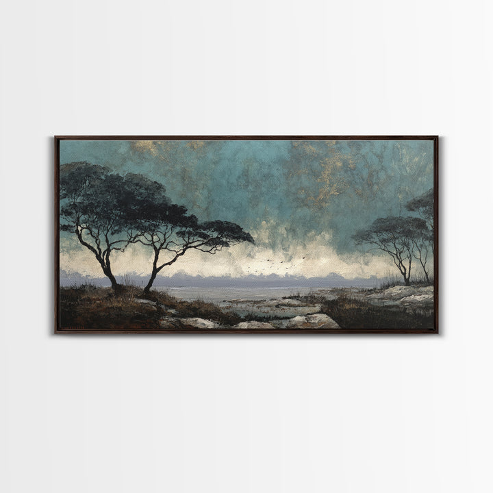 Wide Savanna with Acacia Silhouette Canvas Print, Landscape Art, Digital Art, Living Room Decor, Horizon, Boho Wall Art, LAN-2x1-39