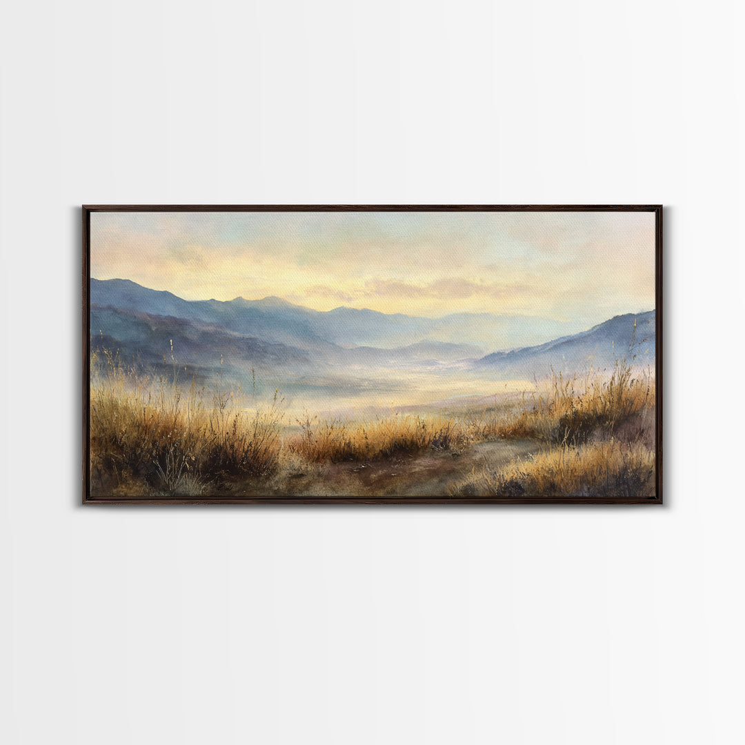 Misty Mountain Valley at Sunrise Framed Canvas Print, Landscape Art, Framed Wall Art, Living Room Decor, Oil Painting, Horizon, LAN-2x1-45