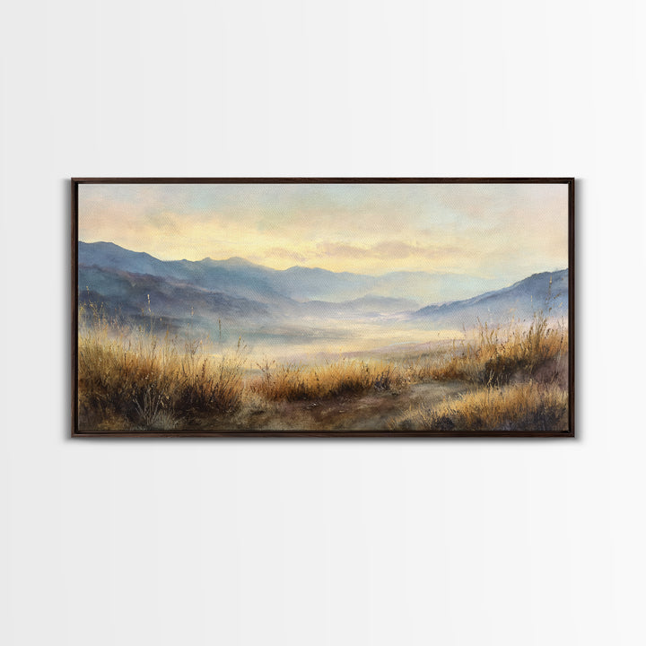 Misty Mountain Valley at Sunrise Framed Canvas Print, Landscape Art, Framed Wall Art, Living Room Decor, Oil Painting, Horizon, LAN-2x1-45