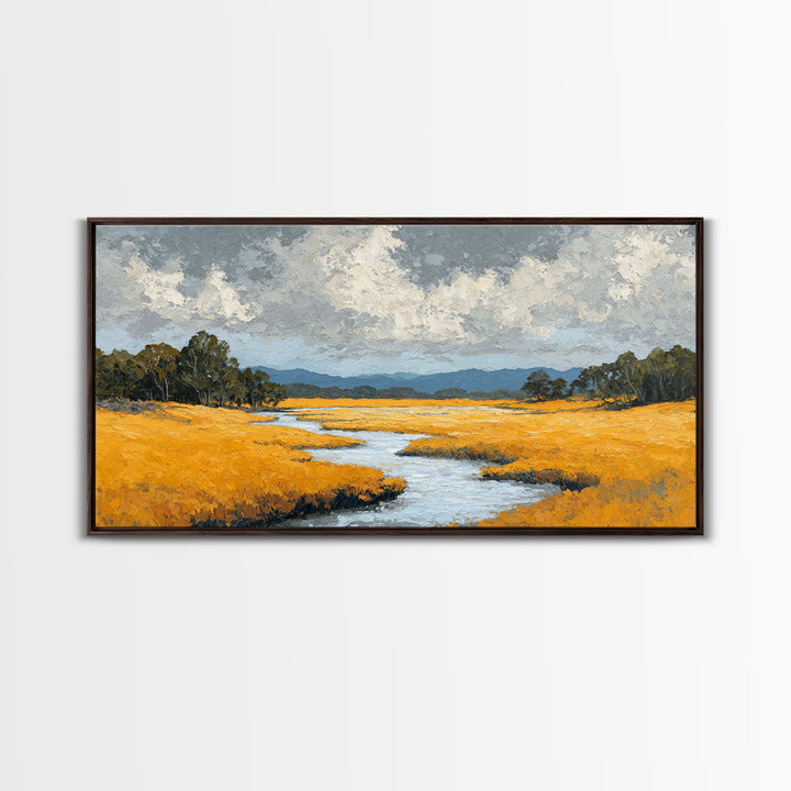 Winding River Through Golden Fields Framed Canvas Print, Landscape Art, Wall Decor, Living Room Decor, Fine Art, Horizon, LAN-2x1-46