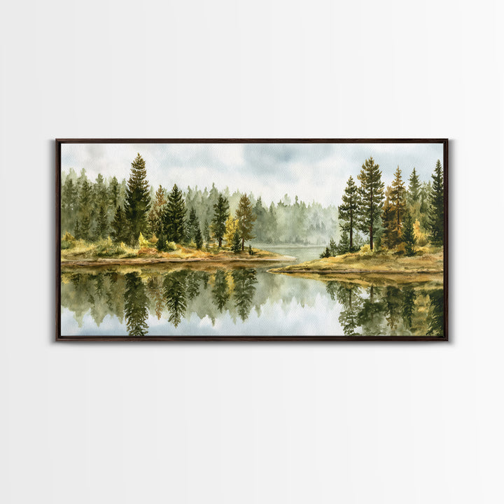 Quiet Lake Reflecting Pine Forest Canvas Print, Landscape Art, Digital Prints, Living Room Decor, Horizon, Farmhouse Decor, LAN-2x1-48