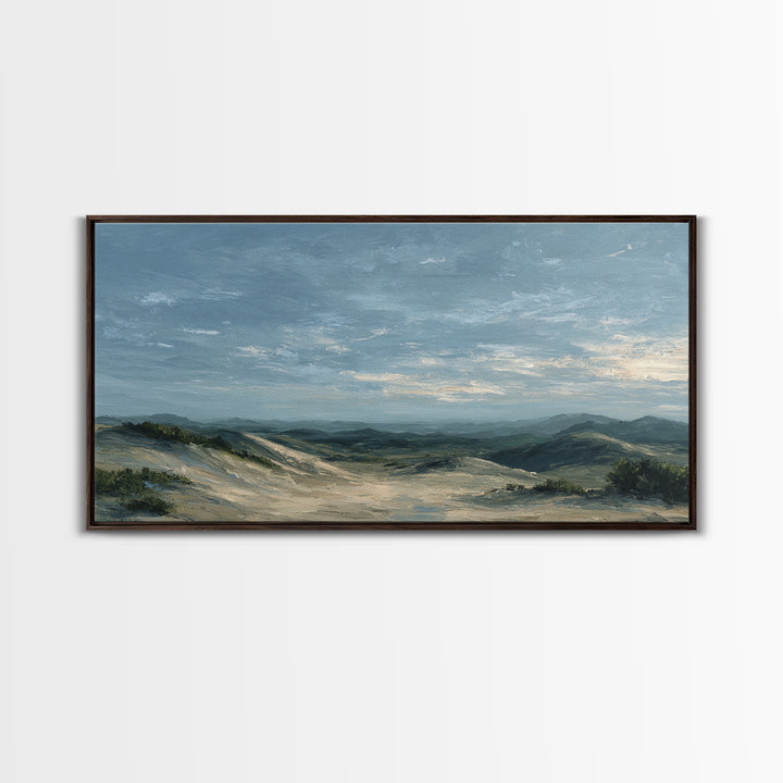 Desert Dunes under Pale Moon Framed Canvas Print, Landscape Art, Farmhouse Decor, Living Room Decor, Fine Art, Horizon, LAN-2x1-55
