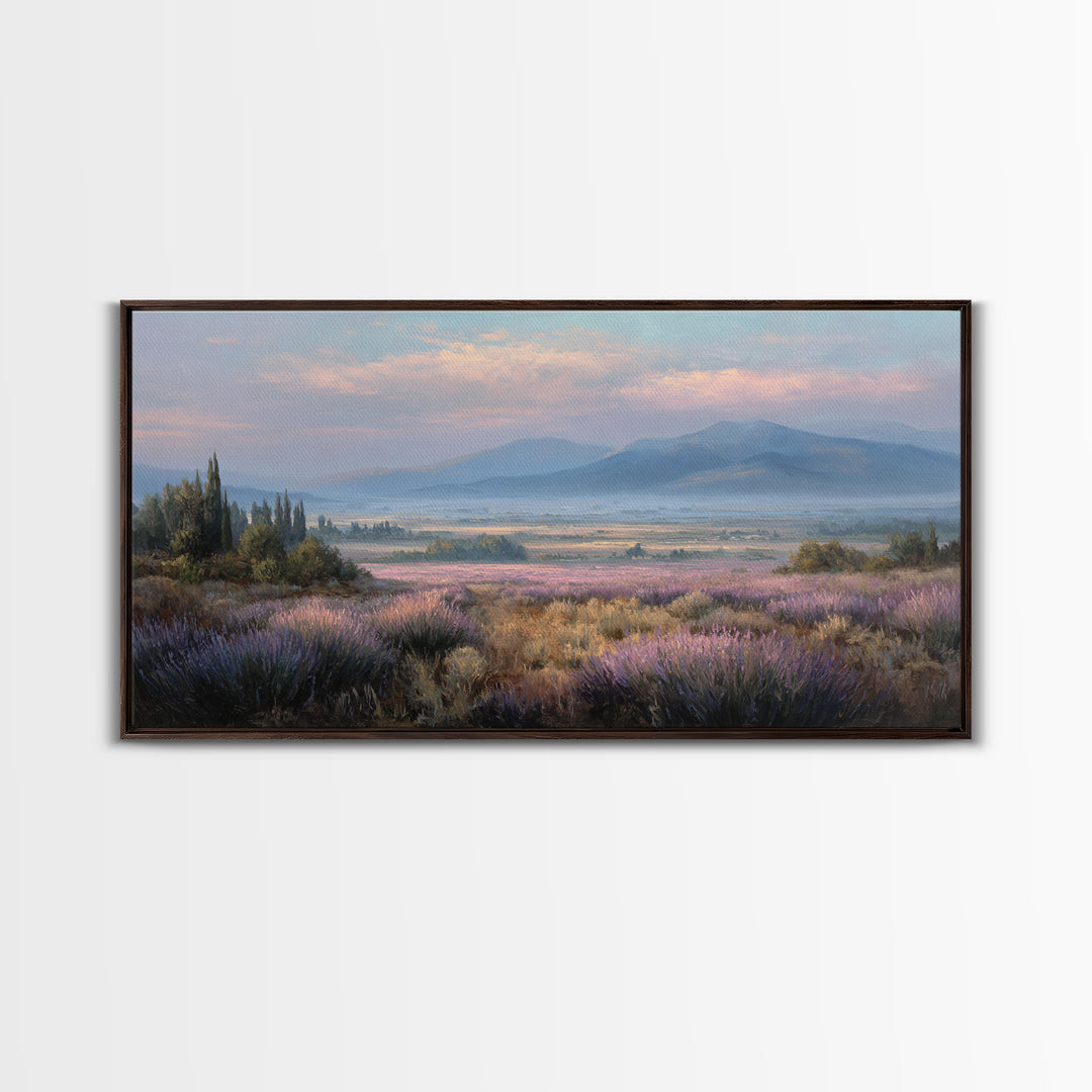Lavender Field Leading to Distant Hills Framed Canvas Print, Landscape Art, Minimalist Decor, Living Room Decor, Oil Painting, LAN-2x1-6