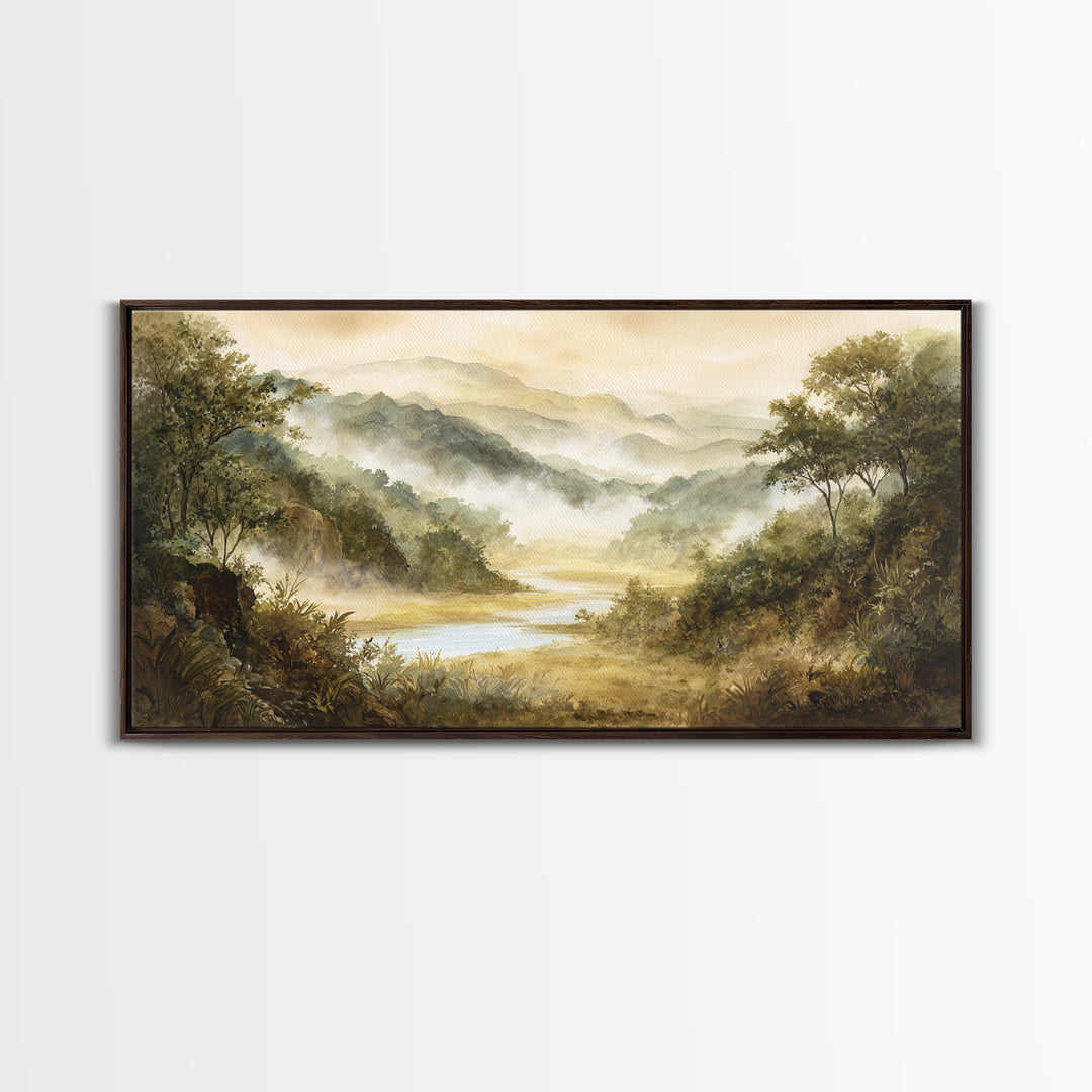 Tropical Jungle Waterfall Framed Canvas Print, Landscape Art, Digital Art, Living Room Decor, Fine Art, Horizon, Boho Wall Art, LAN-2x1-60