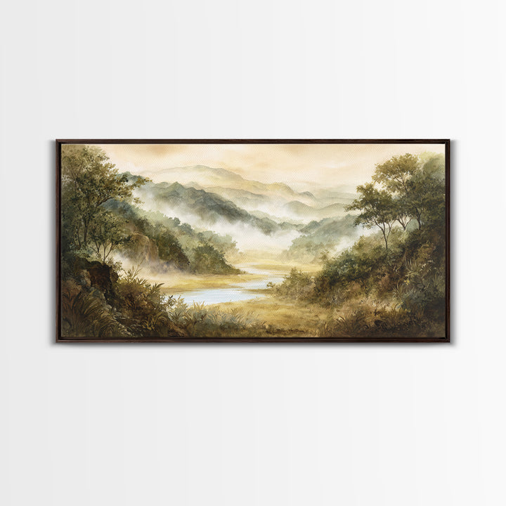 Tropical Jungle Waterfall Framed Canvas Print, Landscape Art, Digital Art, Living Room Decor, Fine Art, Horizon, Boho Wall Art, LAN-2x1-60