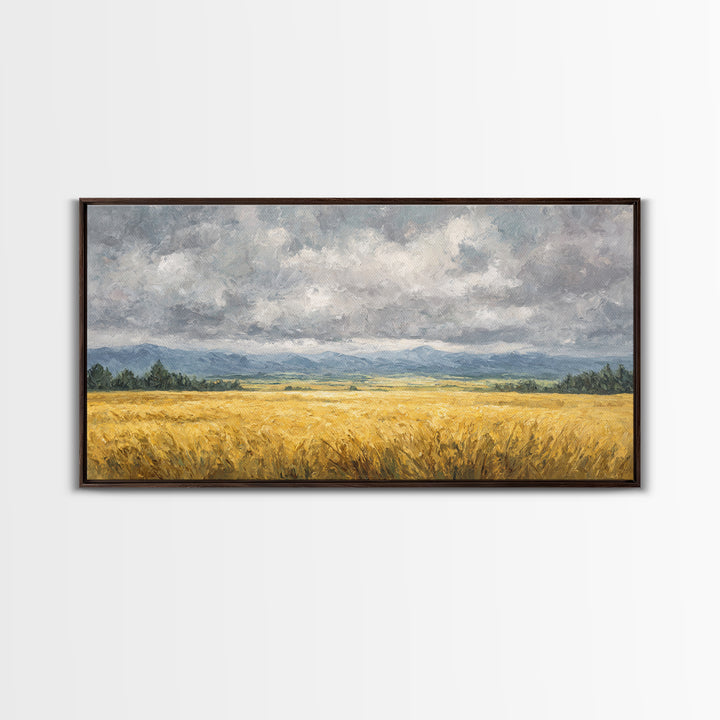 Golden Wheat Field Beneath Huge Clouds Canvas Print, Landscape Art, Original Painting, Living Room Decor, Fine Art, Horizon, LAN-2x1-68