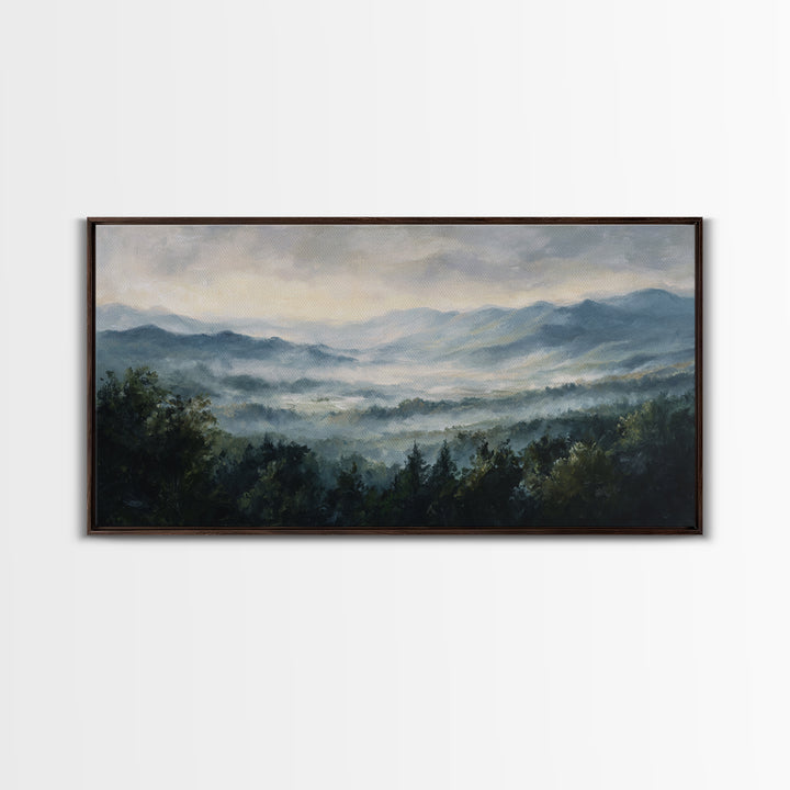 Misty Mountain Valley at Sunrise Canvas Print, Landscape Art, Abstract Wall Art, Living Room Decor, Fine Art, Horizon, LAN-2x1-69