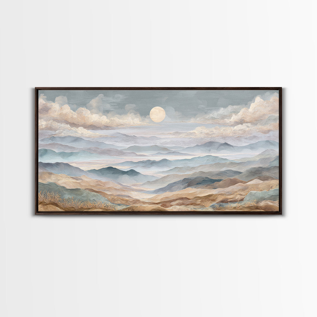 Desert Dunes under Pale Moon Framed Canvas Print, Landscape Art, Art Prints, Living Room Decor, Horizon, Abstract Wall Art, LAN-2x1-7
