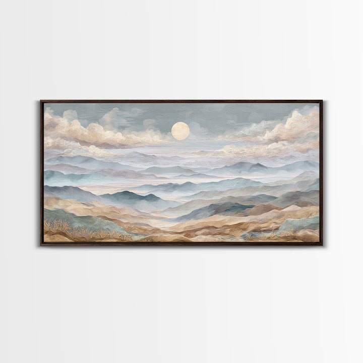 Desert Dunes under Pale Moon Framed Canvas Print, Landscape Art, Art Prints, Living Room Decor, Horizon, Abstract Wall Art, LAN-2x1-7
