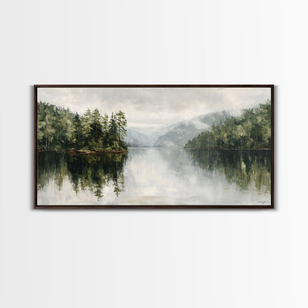 Quiet Lake Reflecting Pine Forest Framed Canvas Print, Landscape Art, Digital Wall Art, Living Room Decor, Fine Art, Horizon, LAN-2x1-72