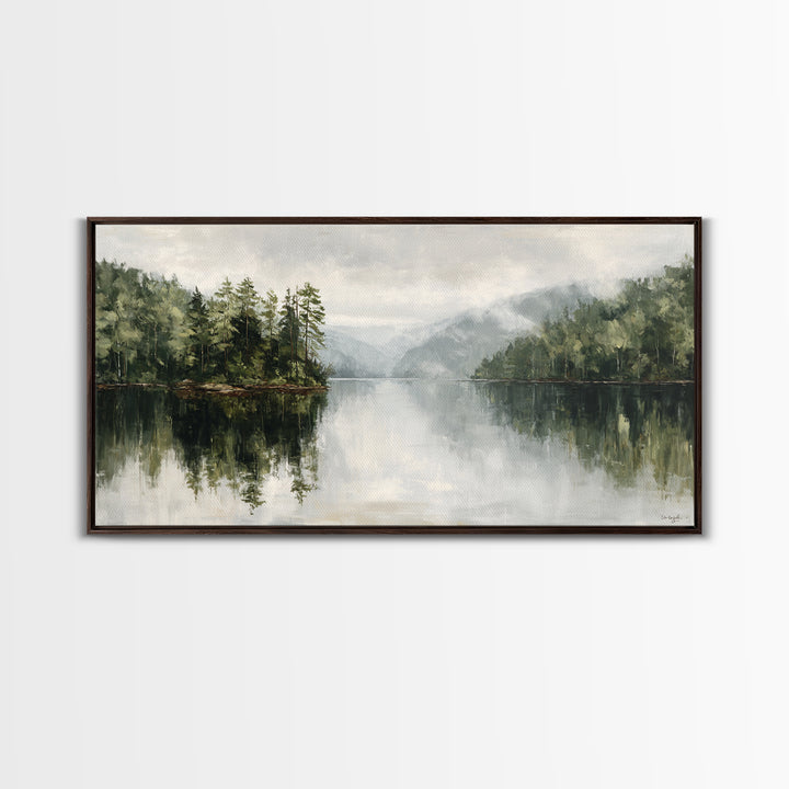 Quiet Lake Reflecting Pine Forest Framed Canvas Print, Landscape Art, Digital Wall Art, Living Room Decor, Fine Art, Horizon, LAN-2x1-72