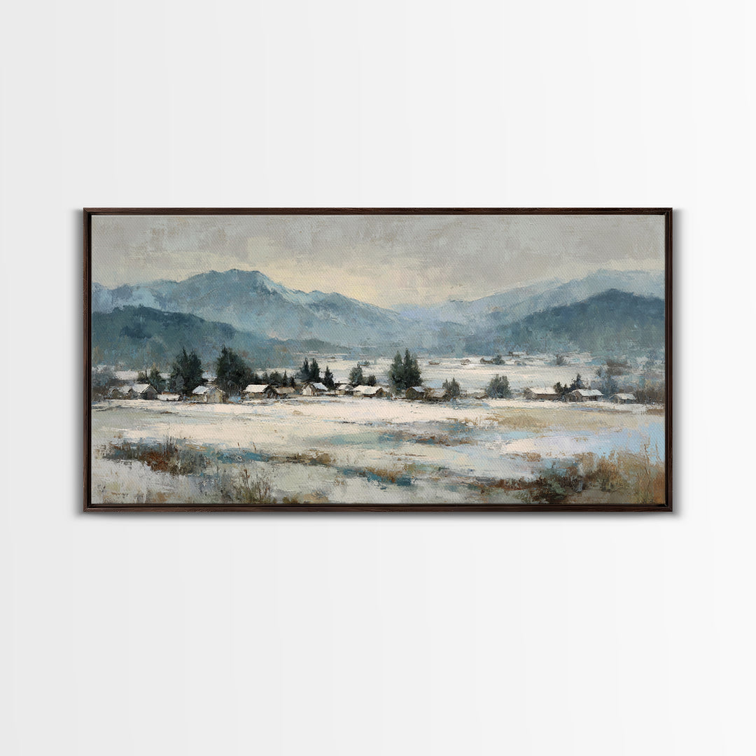 Snow Covered Alpine Village at Dusk Framed Canvas Print, Landscape Art, Room Decor, Living Room Decor, Fine Art, Horizon, LAN-2x1-75