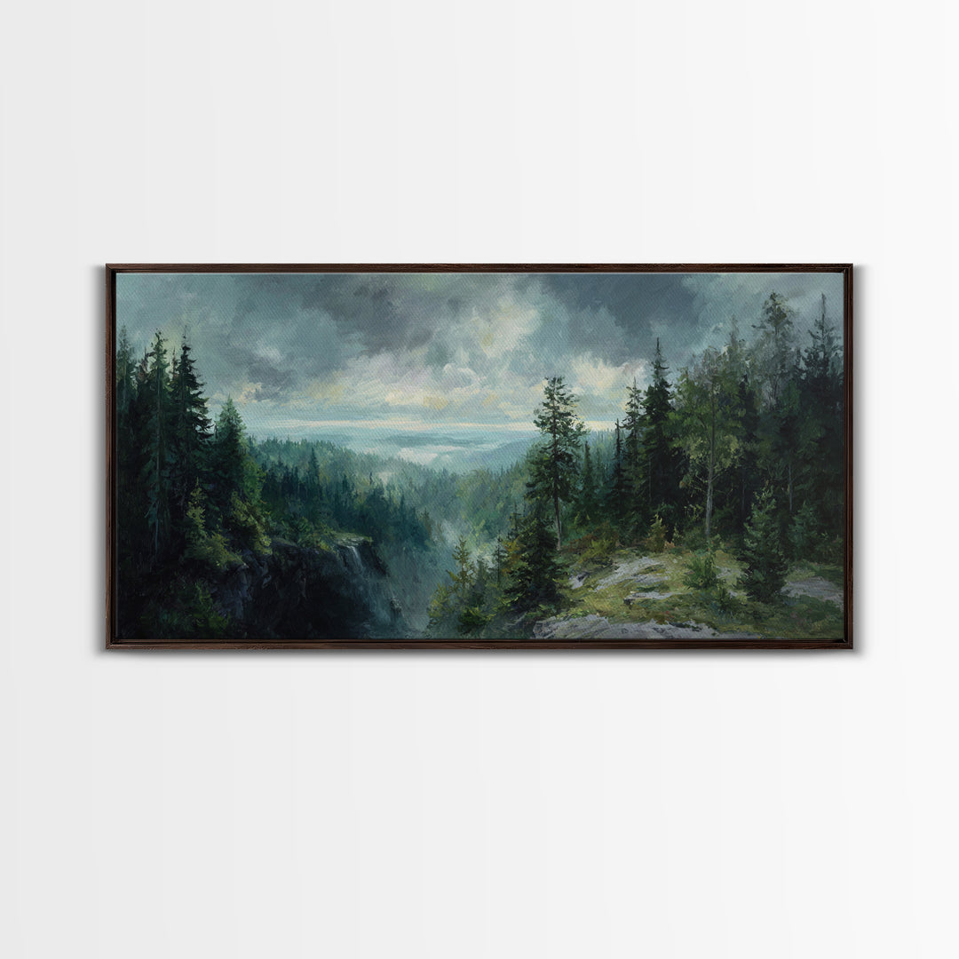 Waterfall Hidden in Dense Forest Framed Canvas Print, Landscape Art, Luxury Decor, Living Room Decor, Fine Art, Horizon, LAN-2x1-8