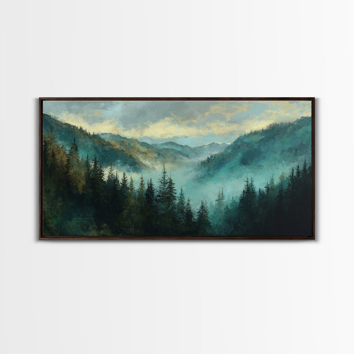 Waterfall Hidden in Dense Forest Framed Canvas Print, Landscape Art, Living Room Decor, Oil Painting, Horizon, Modern Art, LAN-2x1-80