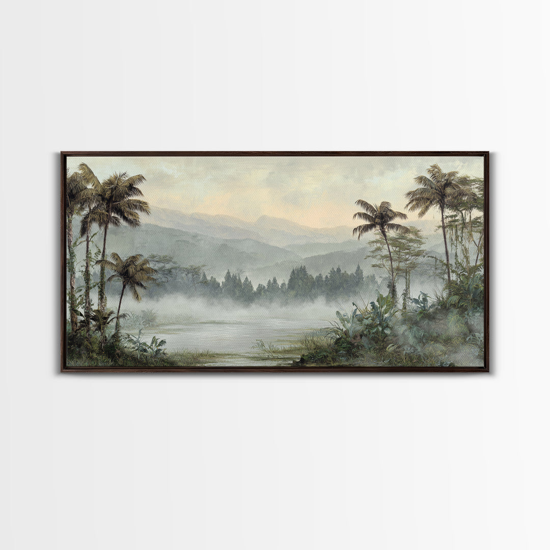 Tropical Jungle Waterfall Framed Canvas Print, Landscape Art, Abstract Wall Art, Living Room Decor, Fine Art, Horizon, LAN-2x1-84