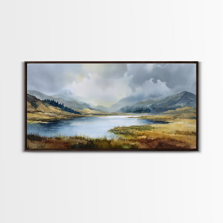 Rocky Scottish Highland Framed Canvas Print, Landscape Art, Farmhouse Decor, Living Room Decor, Horizon, Floral Wall Art, LAN-2x1-85
