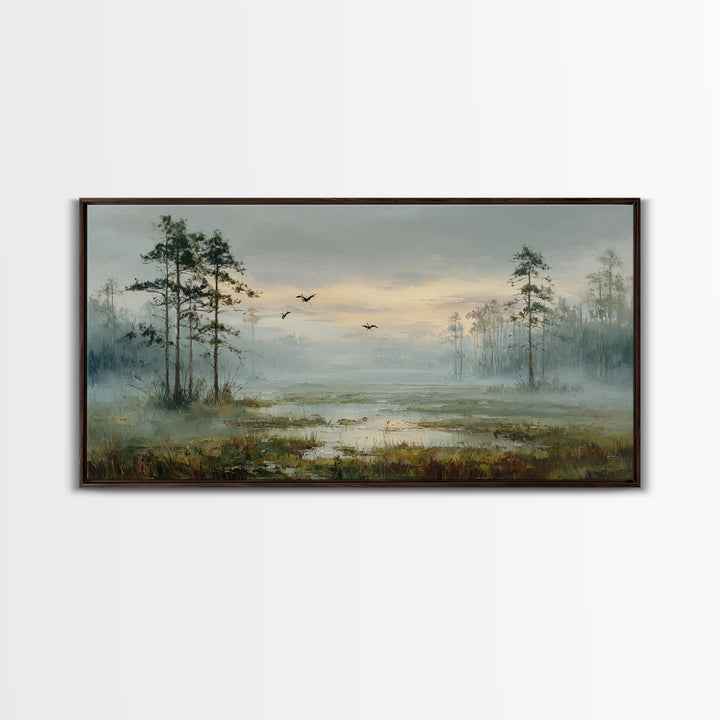 Misty Cypress Swamp Framed Canvas Print, Landscape Art, Digital Art, Living Room Decor, Fine Art, Horizon, Boho Wall Art, LAN-2x1-90