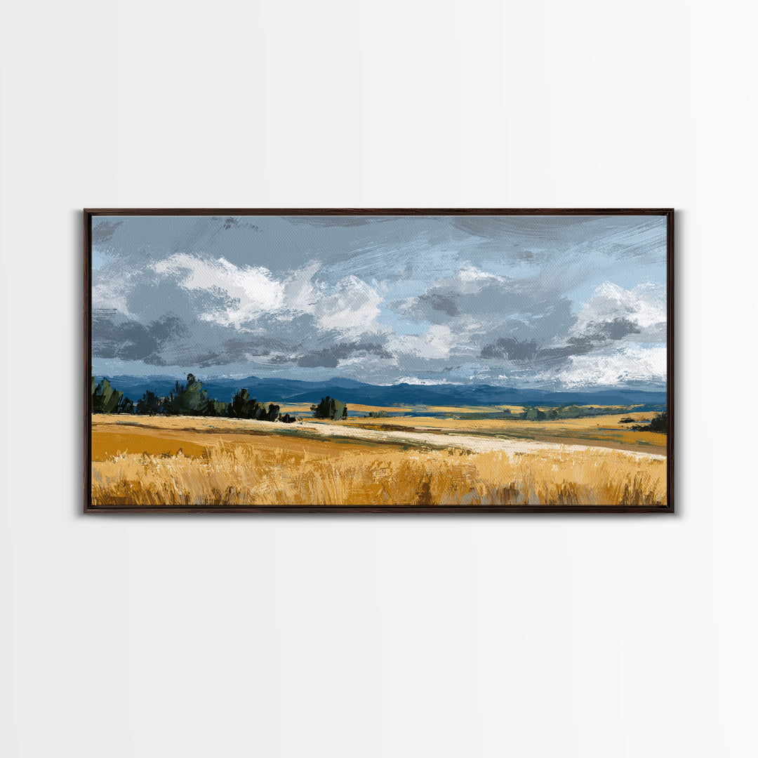 Golden Wheat Field Beneath Huge Clouds Framed Canvas Print, Landscape Art, Digital Print, Living Room Decor, Fine Art, Horizon, LAN-2x1-92