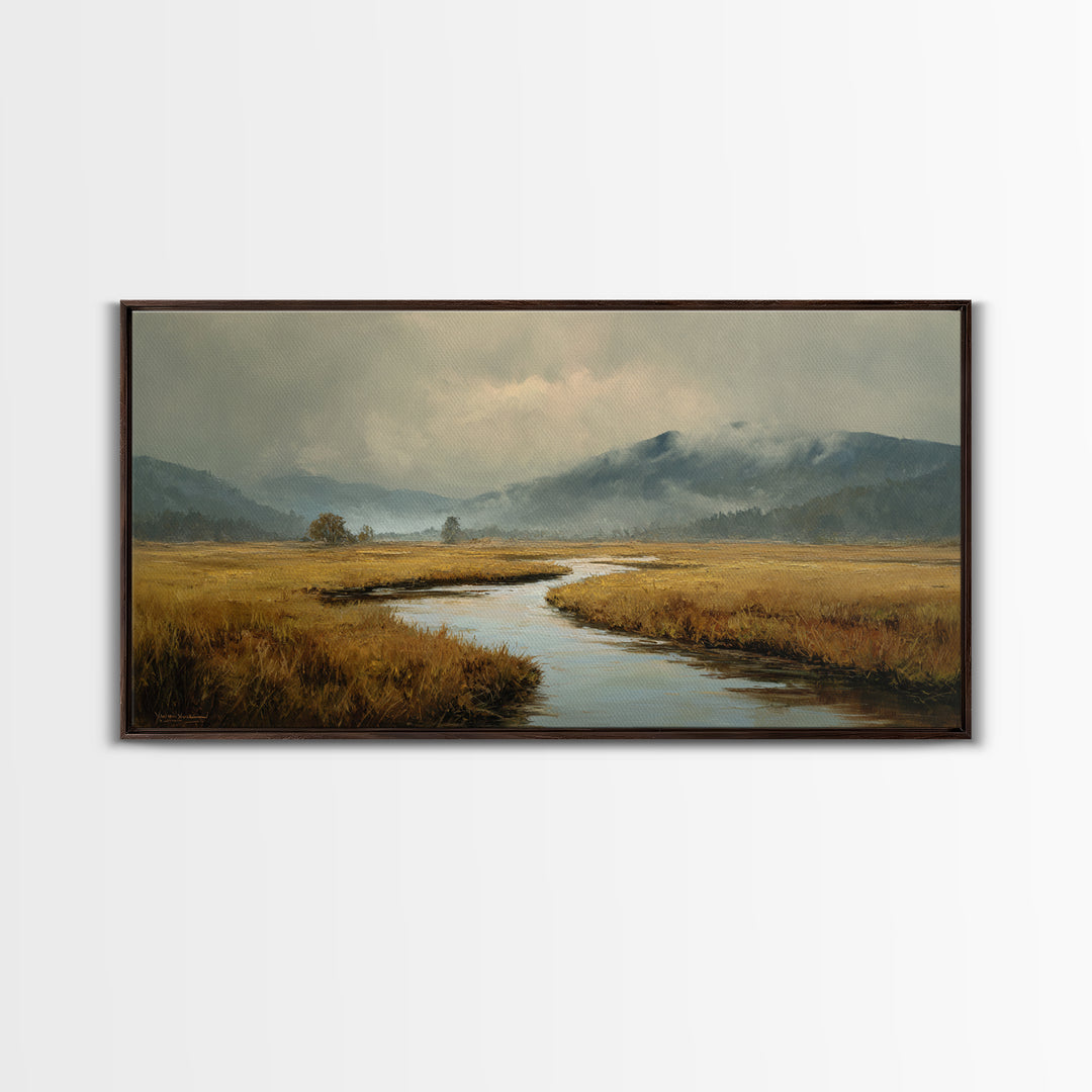 Winding River Through Golden Fields Canvas Print, Landscape Art, Printable Wall Art, Living Room Decor, Oil Painting, Horizon, LAN-2x1-94
