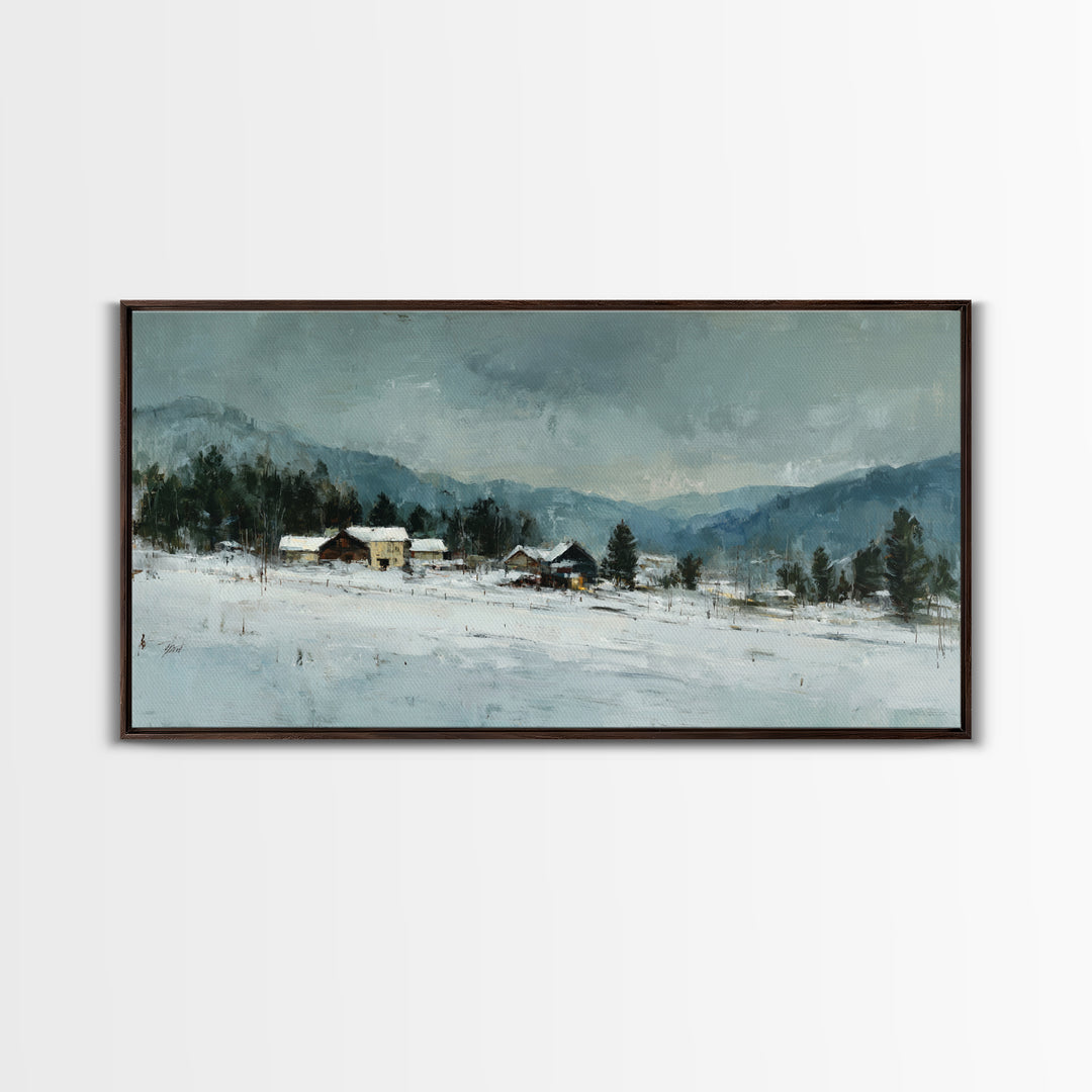 Snow Covered Alpine Village at Dusk Framed Canvas Print, Landscape Art, Abstract Wall Art, Living Room Decor, Fine Art, Horizon, LAN-2x1-99