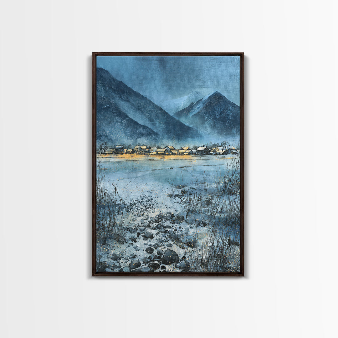 Snow Covered Alpine Village at Dusk Canvas Print, Landscape Art, Minimalist Decor, Living Room Decor, Oil Painting, Horizon, LAN-2x3-15