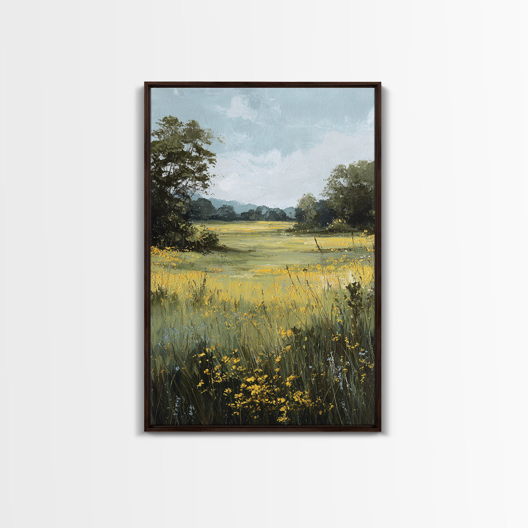 Sunlit Meadow with Wildflowers Framed Canvas Print, Landscape Art, Digital Art, Living Room Decor, Fine Art, Horizon, LAN-2x3-21