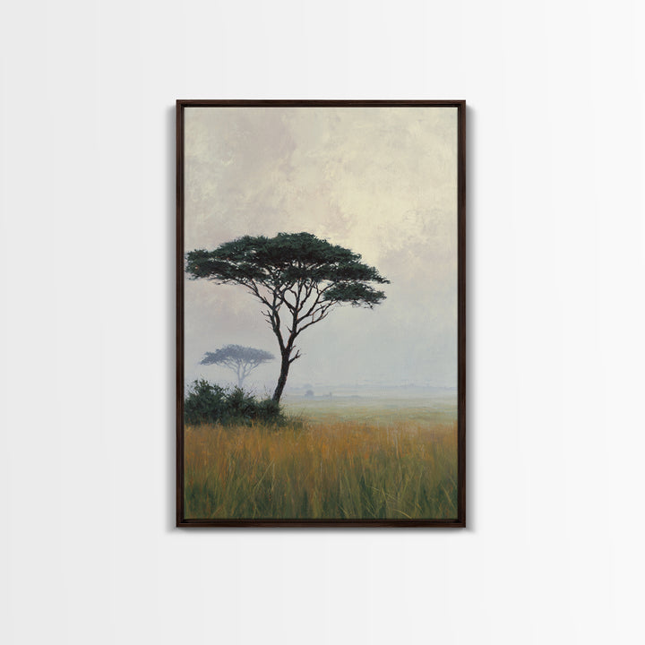 Wide Savanna with Acacia Silhouette Framed Canvas Print, Landscape Art, Room Decor, Living Room Decor, Fine Art, Horizon, LAN-2x3-3