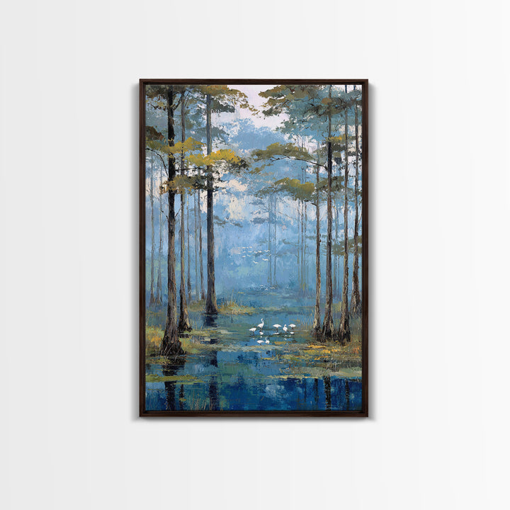Misty Cypress Swamp Framed Canvas Print, Landscape Art, Minimalist Decor, Living Room Decor, Oil Painting, Horizon, LAN-2x3-30