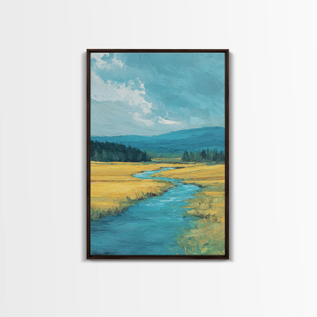Winding River Through Golden Fields Framed Canvas Print, Landscape Art, Art Prints, Living Room Decor, Fine Art, Horizon, LAN-2x3-34
