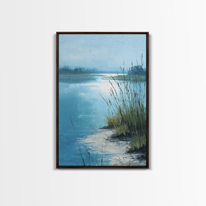 Moonlit River with Silver Reflections Canvas Print, Landscape Art, Original Painting, Living Room Decor, Fine Art, Horizon, LAN-2x3-5